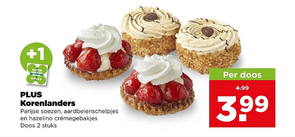 PLUS Korenlanders Parijse soezen, aardbeienschelpjes en hazelino crémegebakjes Doos 2 stuks +1