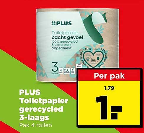 PLUS Toiletpapier gerecycled 3-laags Pak 4 rollen