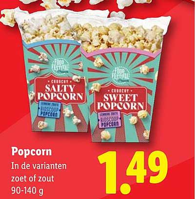 Popcorn in de varianten zoet of zout 90-140 g