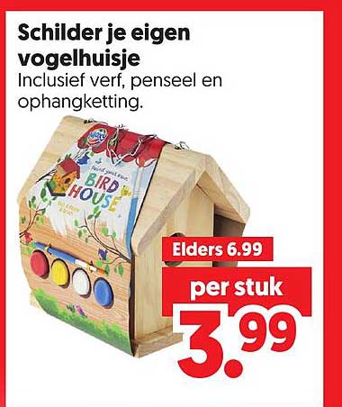 Schilder je eigen vogelhuisje Incluisief verf, penseel en ophangketting.