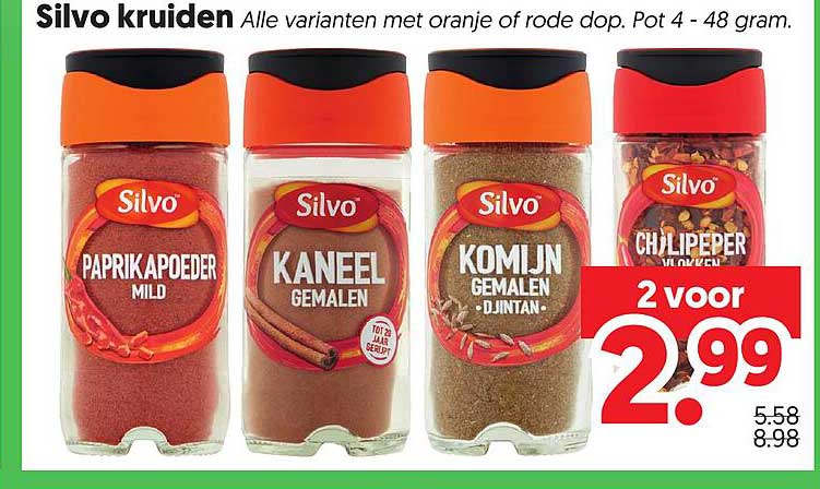 Silvo kruiden Alle varianten met oranje of rode dop. Pot 4 - 48 gram. 2 voor