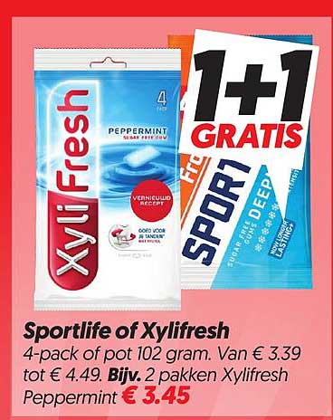 Sportlife of Xylifresh 4-pack of pot 102 gram. Van € 3.39 tot € 4.49. Bijv. 2 pakken Xylifresh Peppermint € 3.45 1+1 gratis