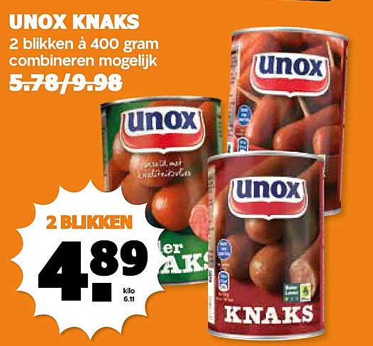 UNOX KNAKS 2 blikken à 400 gram combineren mogelijk 2 BLIKKEN