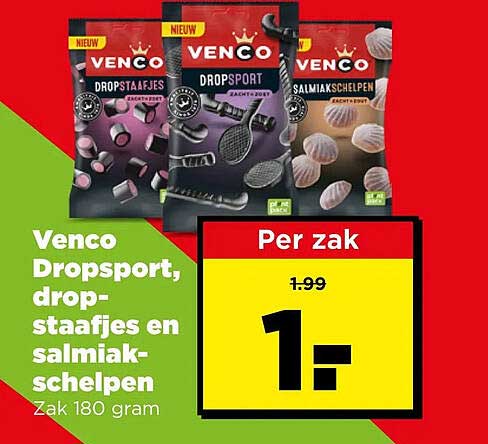 Venco Dropsport, dropstaafjes en salmiakschelpen Zak 180 gram
