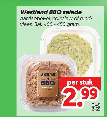 Westland BBQ salade Aardappel-ei, coleslaw of rundvlees. Bak 400 - 450 gram.