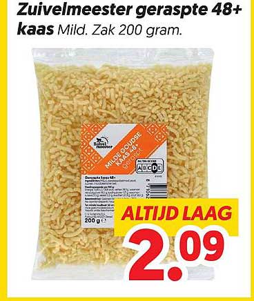 Zuivelmeester geraspte 48+ kaas Mild. Zak 200 gram.