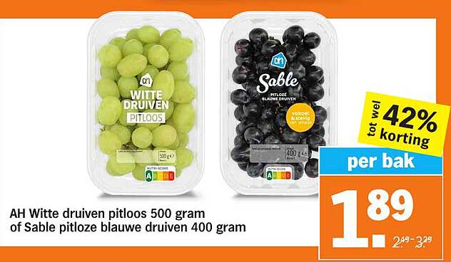 AH Witte druiven pitloos 500 gram of Sable pitloze blauwe druiven 400 gram