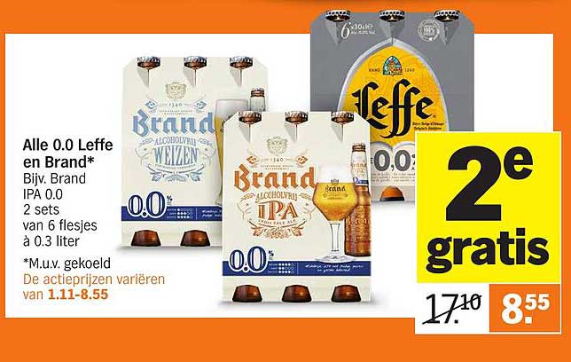 Alle 0.0 Leffe en Brand* Bijv. Brand IPA 0.0 2 sets van 6 flesjes à 0.3 liter