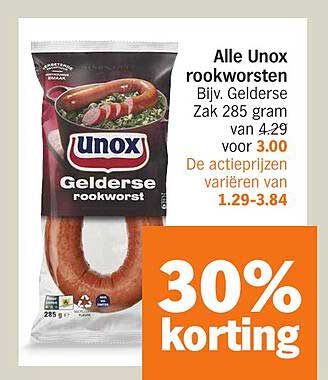 Alle Unox rookworsten Bijv. Gelderse Zak 285 gram van 4.29 voor 3.00