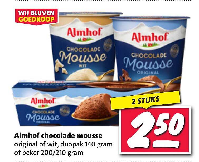 Almhof chocolade mousse original of wit, duopak 140 gram of beker 200/210 gram
