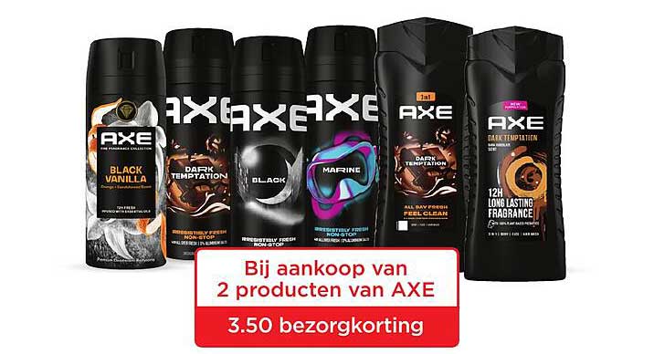 Bij aankoop van 2 producten van AXE 3.50 bezorgkorting