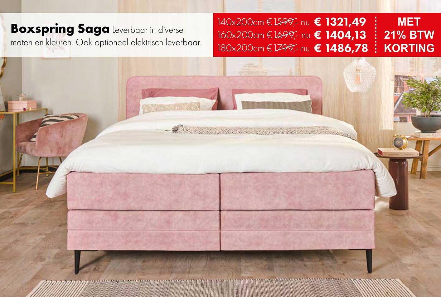 Boxspring Saga leverbaar in diverse maten en kleuren. Ook optioneel elektrisch leverbaar.