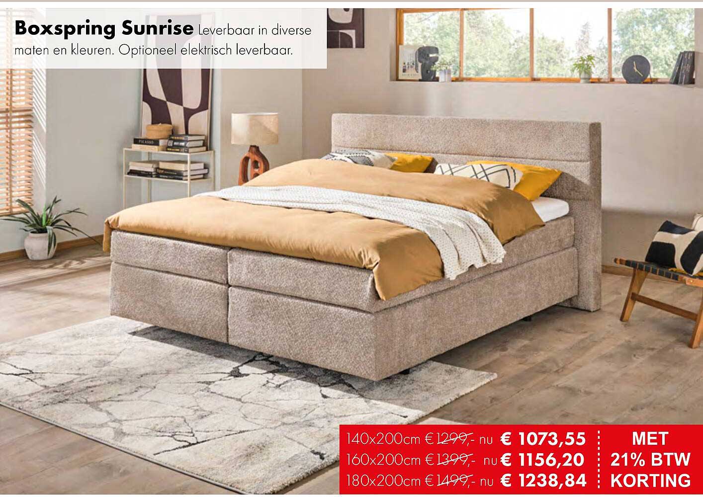 Boxspring Sunrise leverbaar in diverse maten en kleuren. Optioneel elektrisch leverbaar.