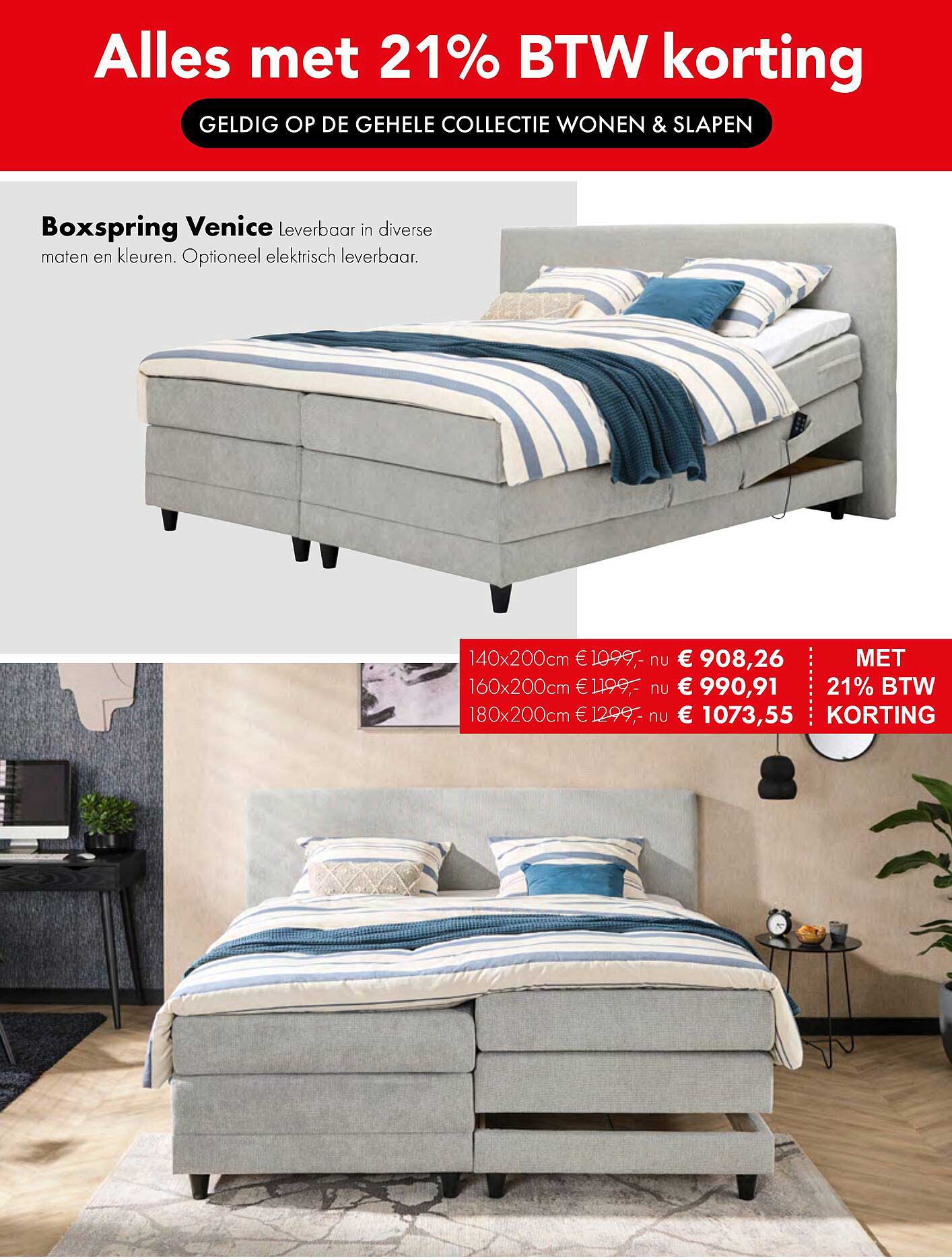 Boxspring Venice Leverbaar in diverse maten en kleuren. Optioneel elektrisch leverbaar.