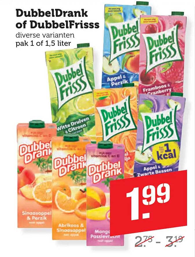 DubbelDrank of DubbelFrisss diverse varianten pak 1 of 1,5 liter