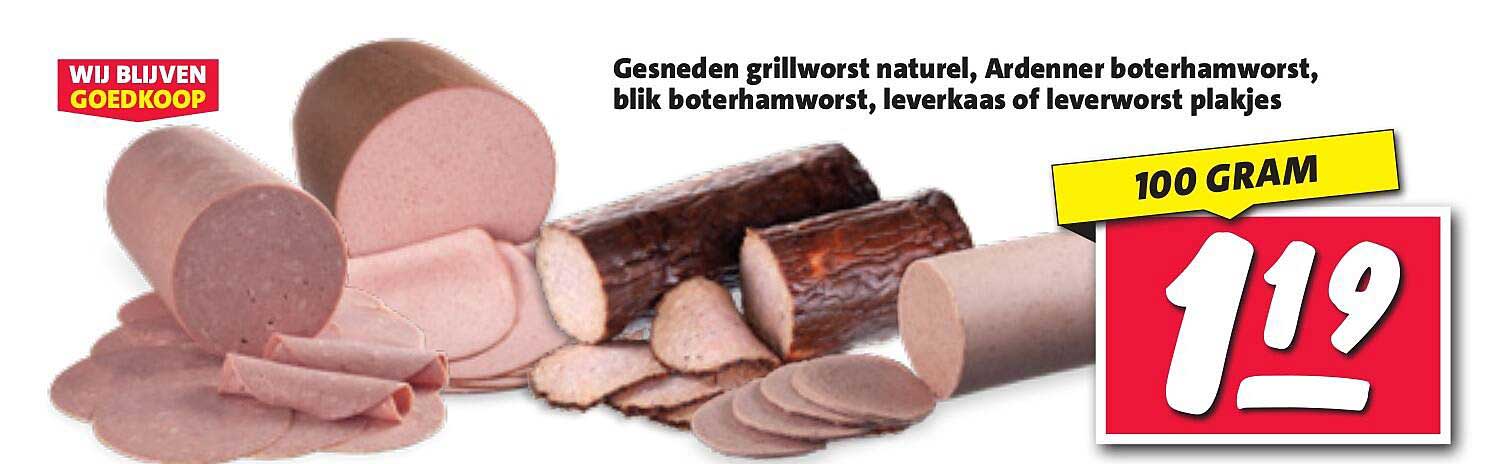 Gesneden grillworst natuur, Ardenner boterhamworst, blik boterhamworst, leverkaas of leverworst plakjes