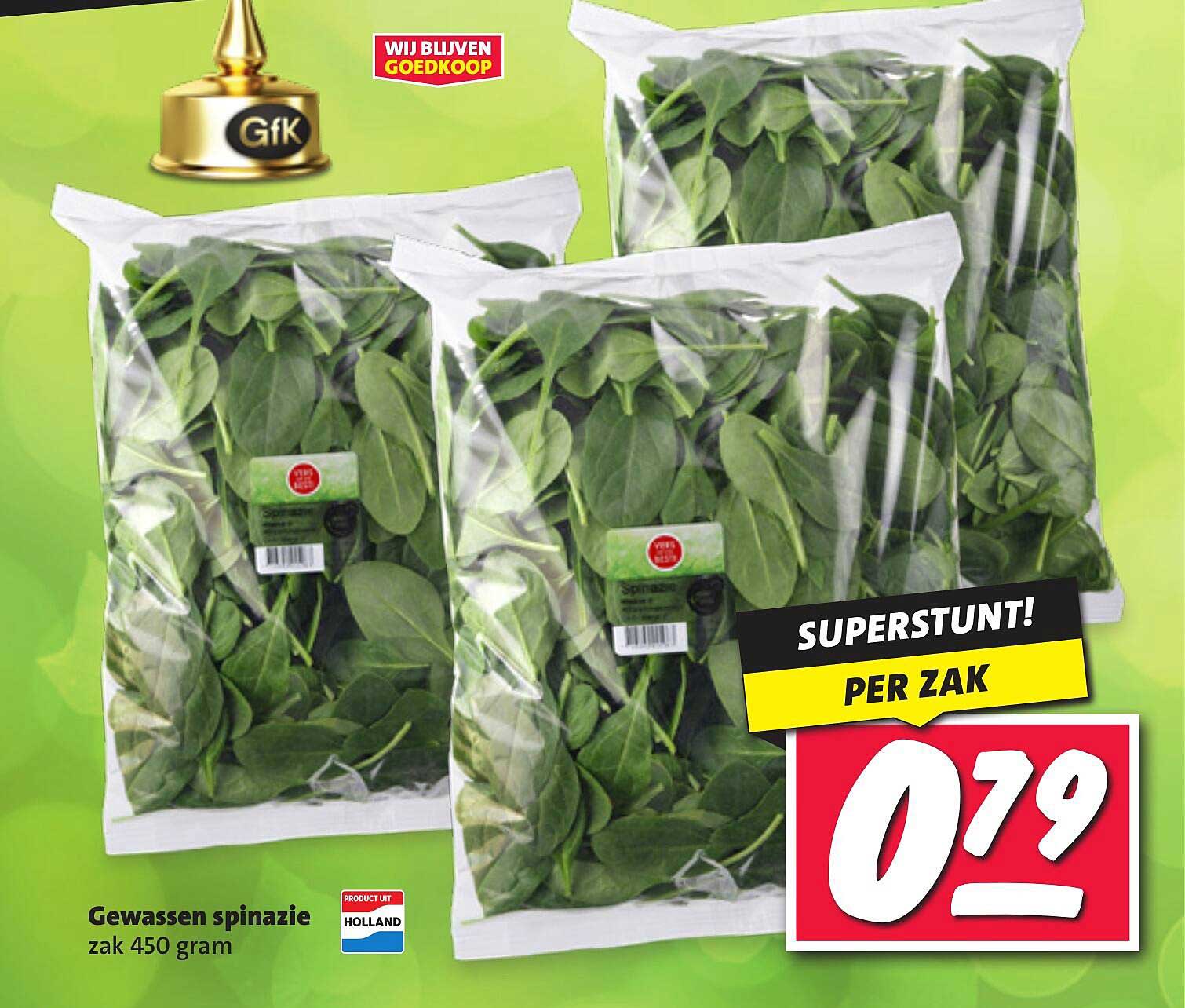Gewassen spinazie zak 450 gram
