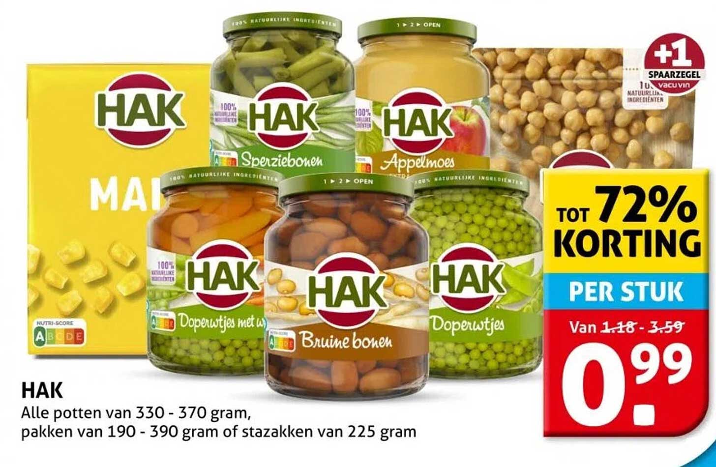 HAK Alle potten van 330 - 370 gram, pakken van 190 - 390 of stazakken van 225 gram