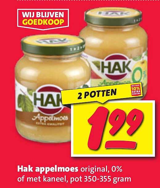Hak appelmoes original, 0% of met kaneel, pot 350-355 gram