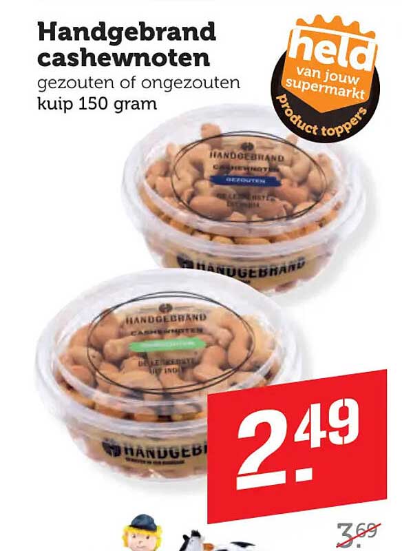 Handgebrand cashewnoten gezouten of ongezouten kuip 150 gram
