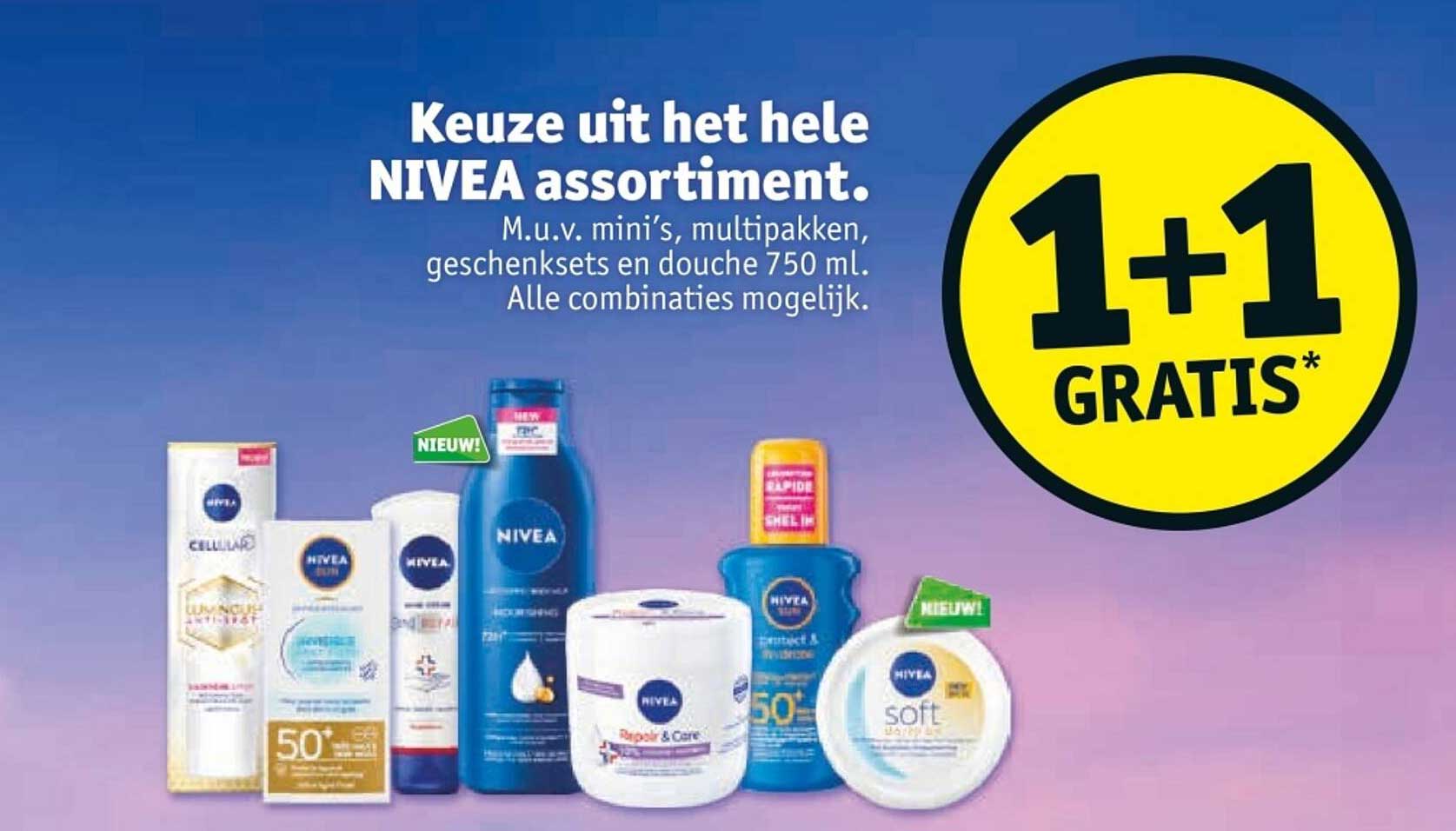 Keuze uit het hele NIVEA assortiment. M.u.v. mini's, multipakken, geschenksets en douche 750 ml. Alle combinaties mogelijk.