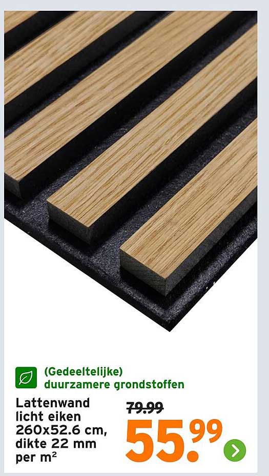 Lattenwand licht eiken 260x52.6 cm, dikte 22 mm per m²