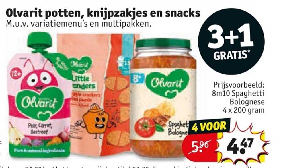 Olvarit potten, knijpzakjes en snacks