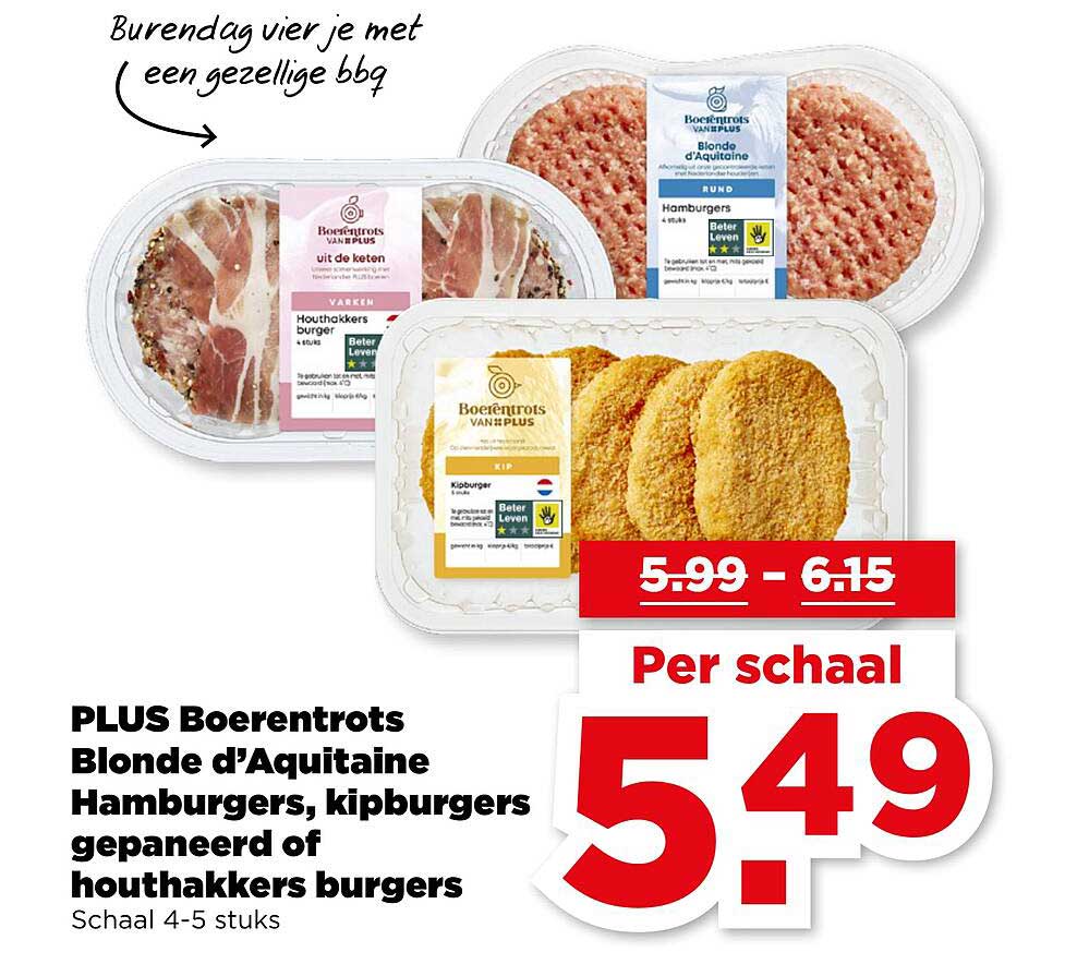 PLUS Boerentrots Blonde d’Aquitaine Hamburgers, kipburgers gepaneerd of houthakkers burgers