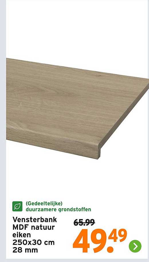 Vensterbank MDF natuur eiken 250x30 cm 28 mm