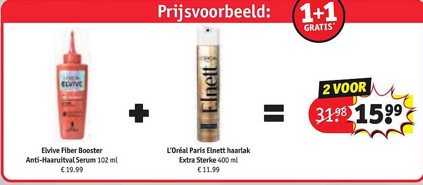 1+1 GRATIS Elvive Fiber Booster Anti-Haaruitval Serum 102 ml + L’Oréal Paris Elnett haarlak Extra Sterke 400 ml