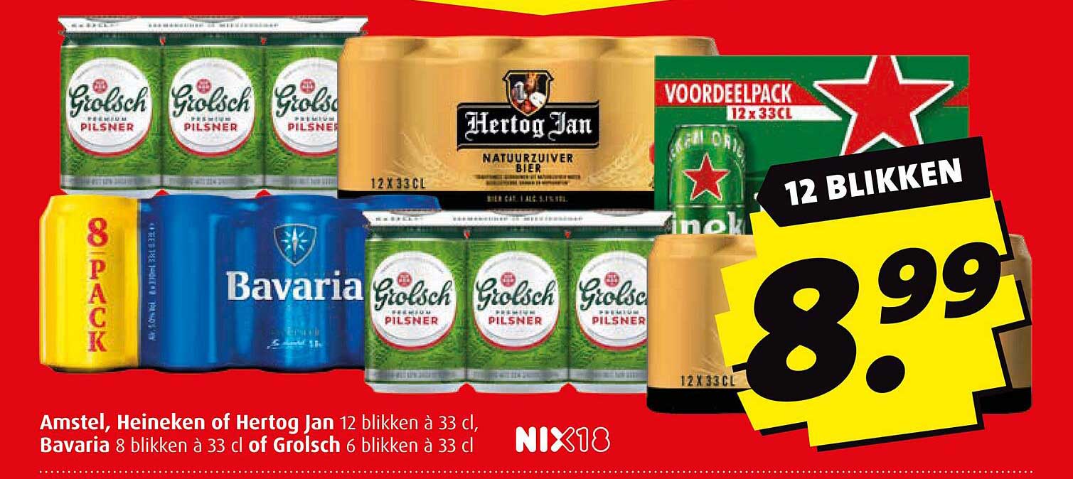 Amstel, Heineken of Hertog Jan 12 blikken à 33 cl, Bavaria 8 blikken à 33 cl of Grolsch 6 blikken à 33 cl