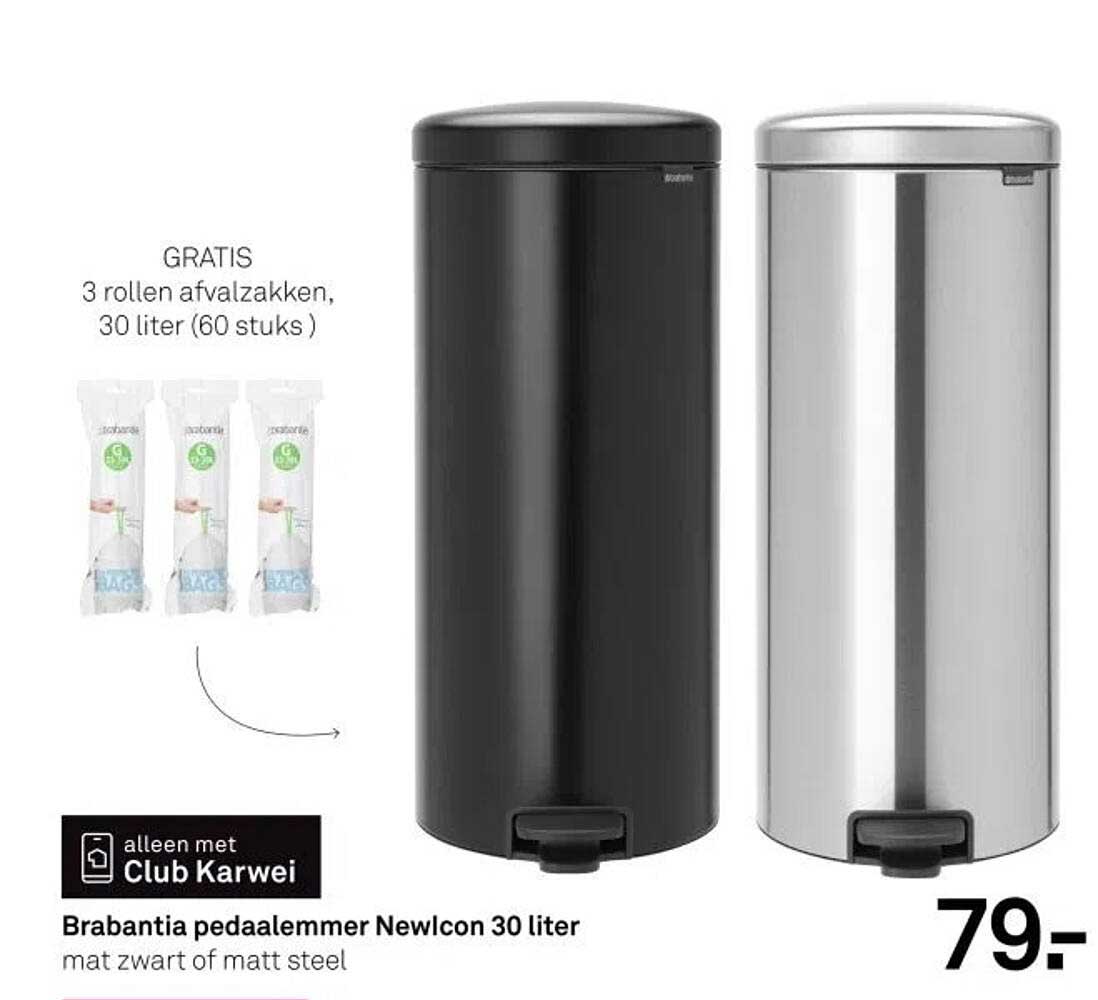Brabantia pedaalemmer NewIcon 30 liter mat zwart of mat staal