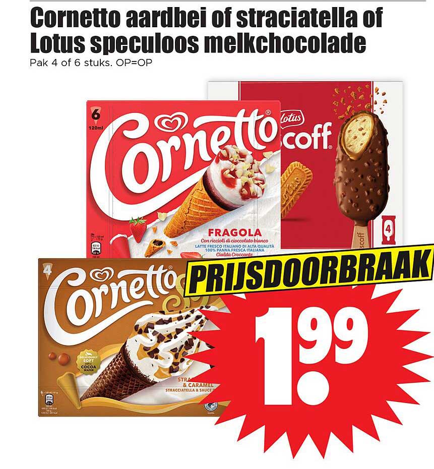 Cornetto aardbei of stracciatella of Lotus speculoos melkchocolade