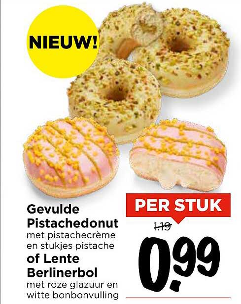 Gevolle Pistachedonut met pistachecrème en stukjes pistache of Lente Berlinerbol met roze glazuur en witte bonbonvulling