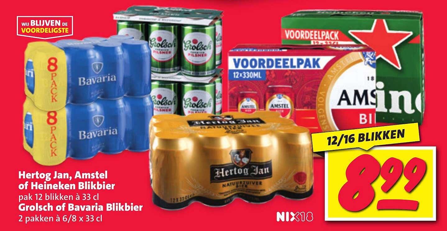 Hertog Jan, Amstel of Heineken Blikbier pak 12 blikken à 33 cl Grolsch of Bavaria Blikbier 2 pakken à 6/8 x 33 cl
