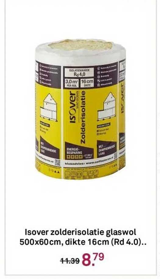 Isover zolderisolatie glaswol 500x60cm, dikte 16cm (Rd 4.0)..