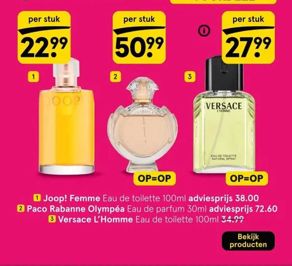 Joop! Femme Eau de toilette 100ml, Paco Rabanne Olympéa Eau de parfum 30ml, Versace L’Homme Eau de toilette 100ml