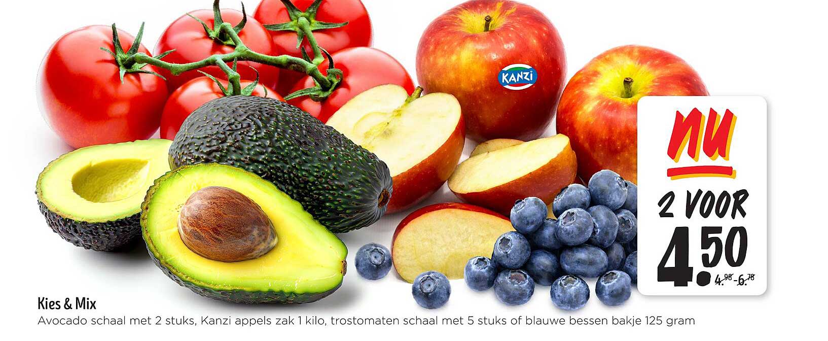 Kies & Mix: Avocado schaal met 2 stuks, Kanzi appels zak 1 kilo, trostomaten schaal met 5 stuks of blauwe bessen bakje 125 gram