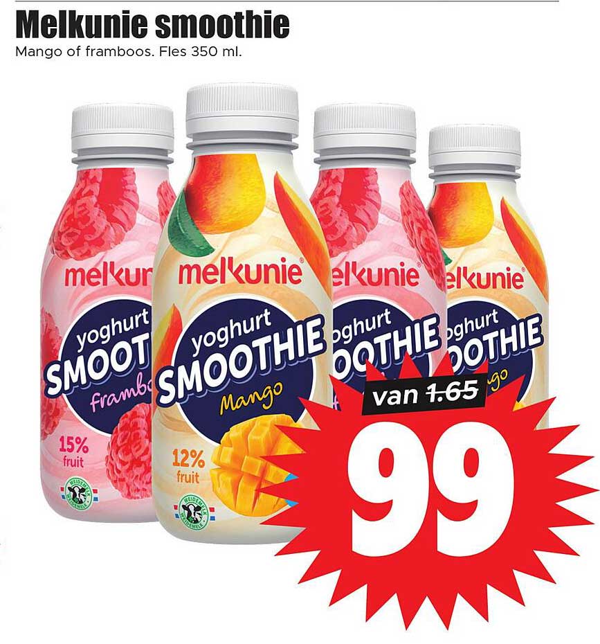 Melkunie smoothie. Mango of framboos. Fles 350 ml.