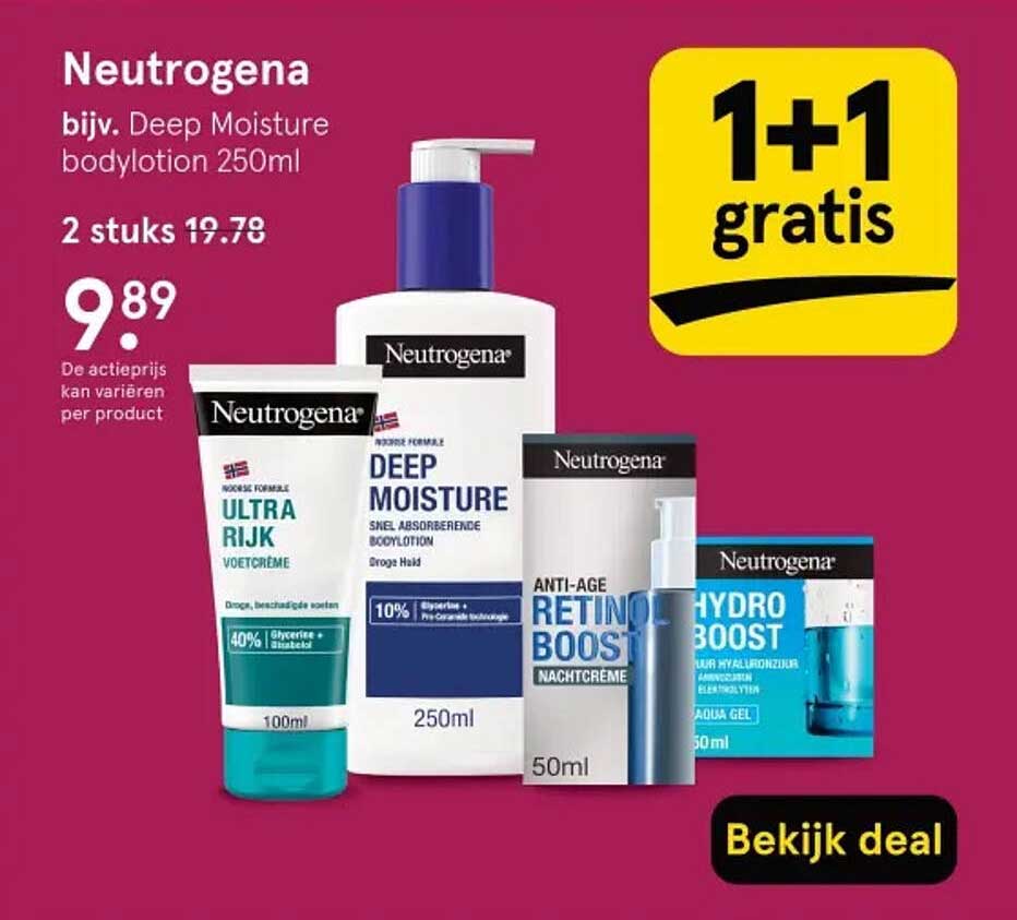 Neutrogena bijv. Deep Moisture bodylotion 250ml 1+1 gratis
