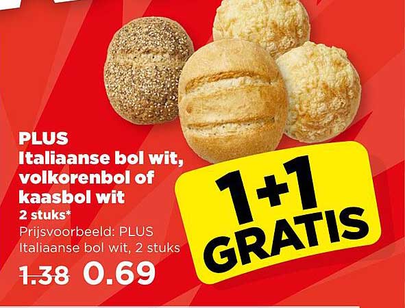 PLUS Italiaanse bol wit, volkorenbol of kaasbol wit 2 stuks