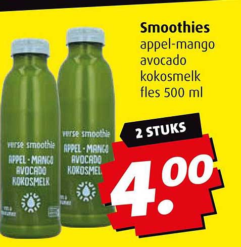 Smoothies appel-mango avocado kokosmelk fles 500 ml