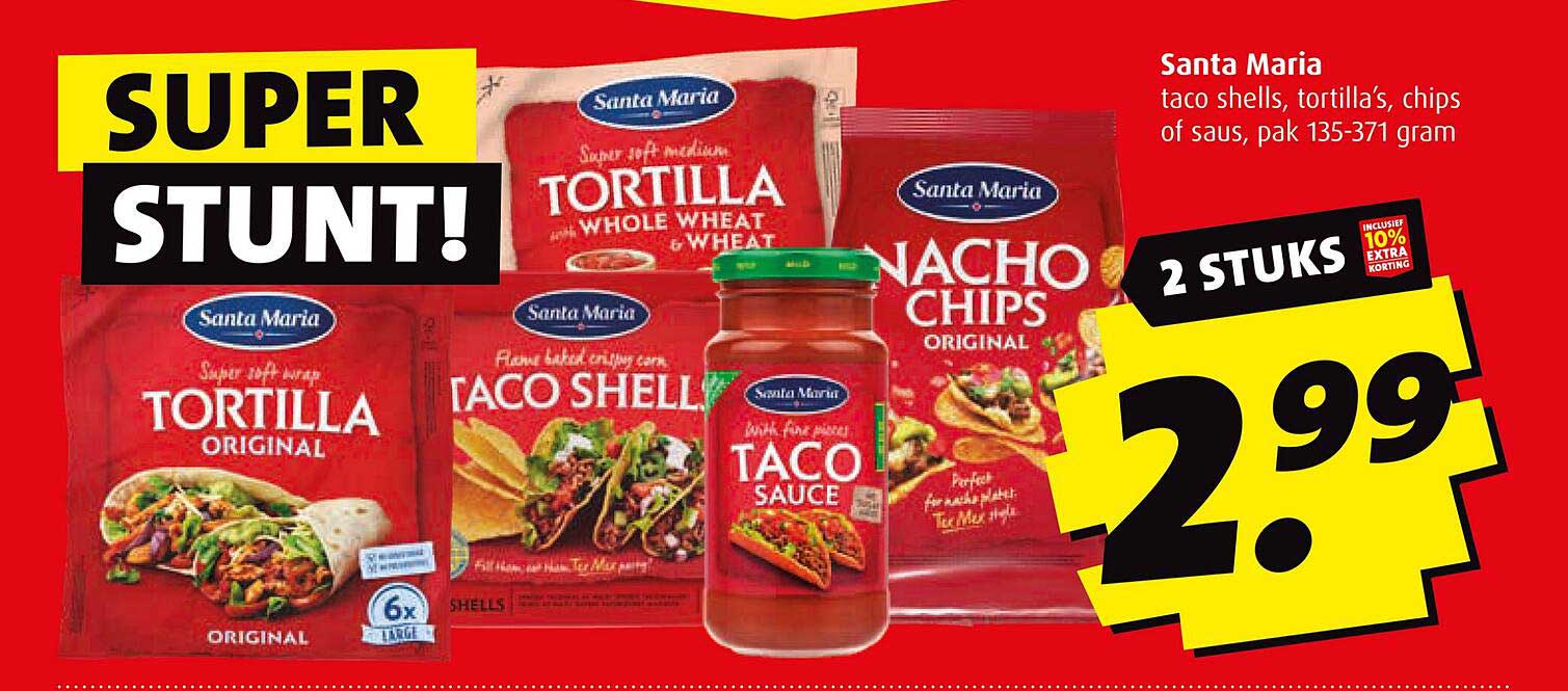 SUPER STUNT! Santa Maria taco shells, tortilla's, chips of saus, pak 135-371 gram