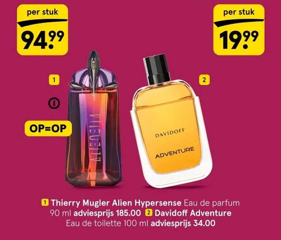 Thierry Mugler Alien Hypersense Eau de parfum 90 ml adviesprijs 185.00 en Davidoff Adventure Eau de toilette 100 ml adviesprijs 34.00