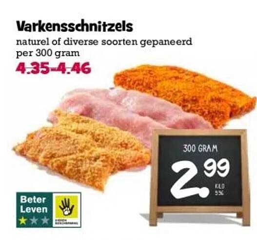 Varkensschnitzels natuur of diverse soorten gepaneerd per 300 gram