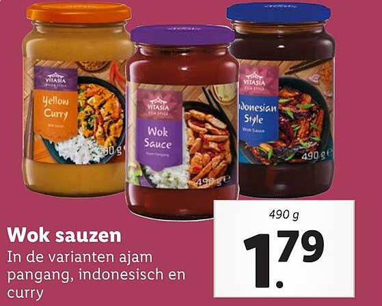 Wok sauzen in de varianten ajam pangang, indonesisch en curry