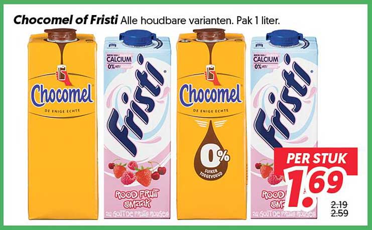 Chocomel of Fristi Alle houdbare varianten. Pak 1 liter.