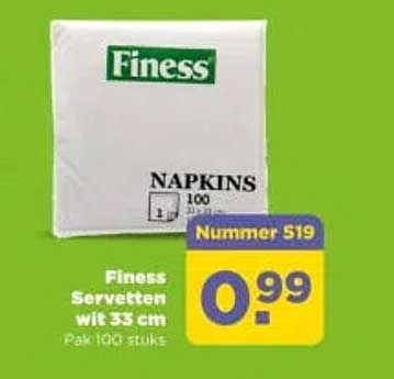 Finess Servetten wit 33 cm Pak 100 stuks Nummer 519