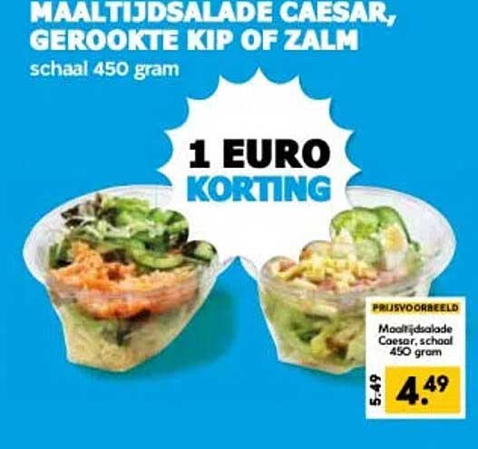 MAALTIJDSALADE CAESAR, GEROOKTE KIP OF ZALM schaal 450 gram 1 EURO KORTING