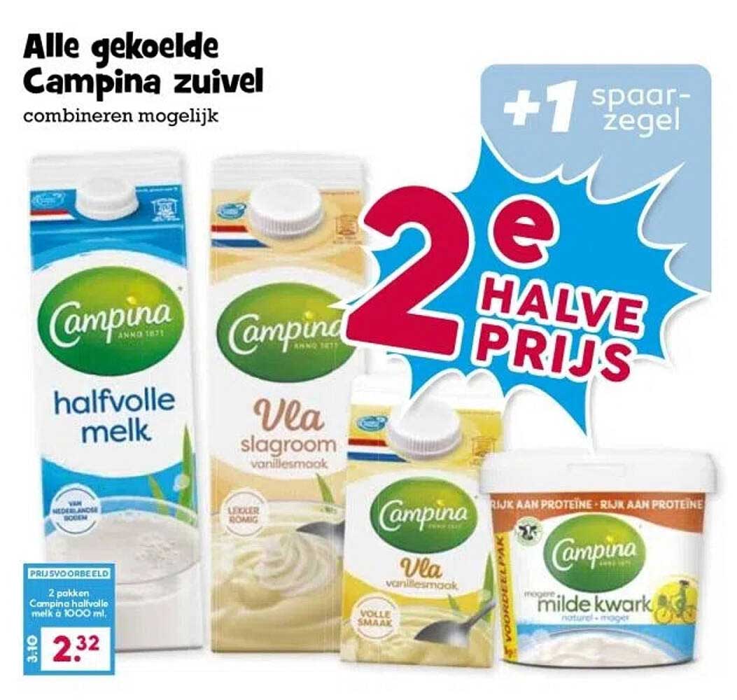 Alle gekoelde Campina zuivel 2e halve prijs